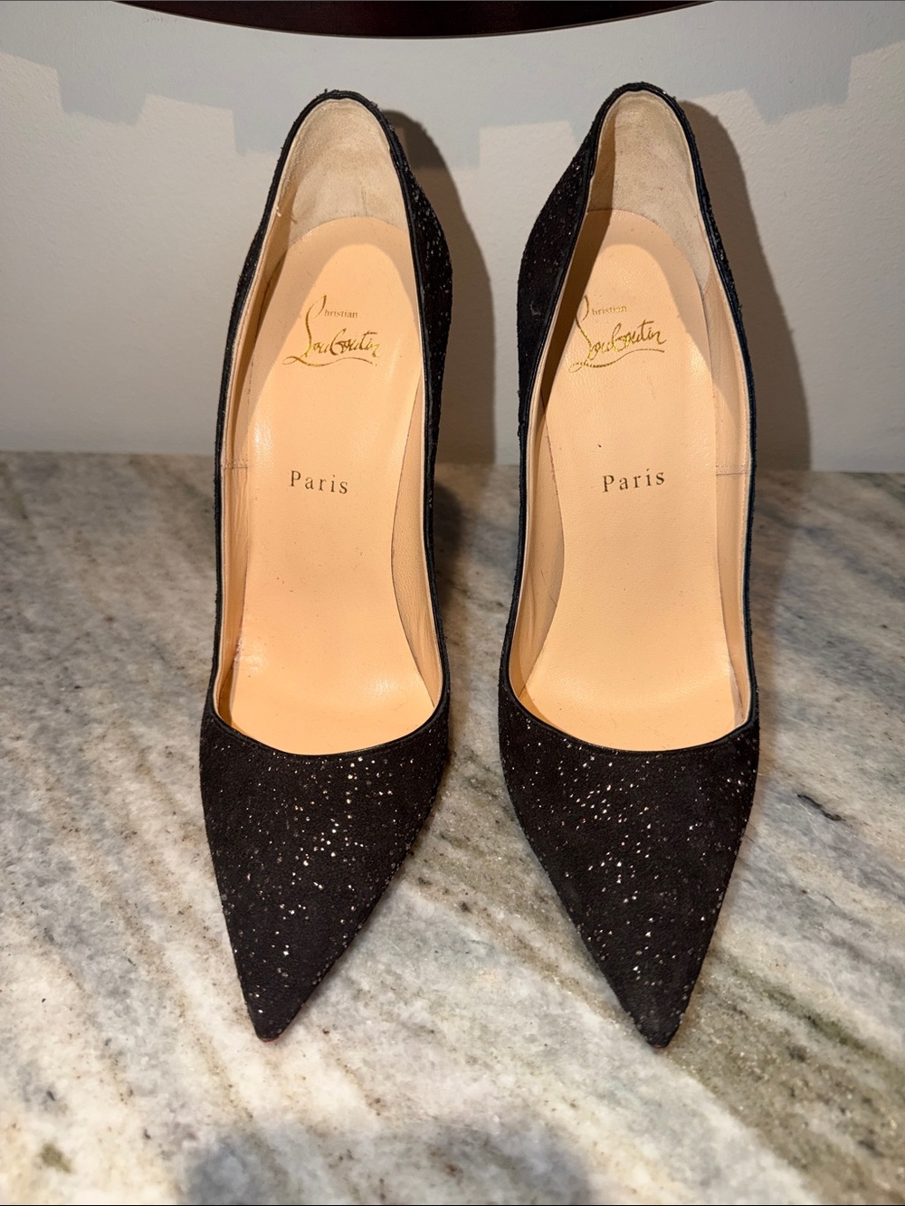 Christian Louboutin Pigalle Follies 100 Pumps Black Velvet w a Glitter Finish